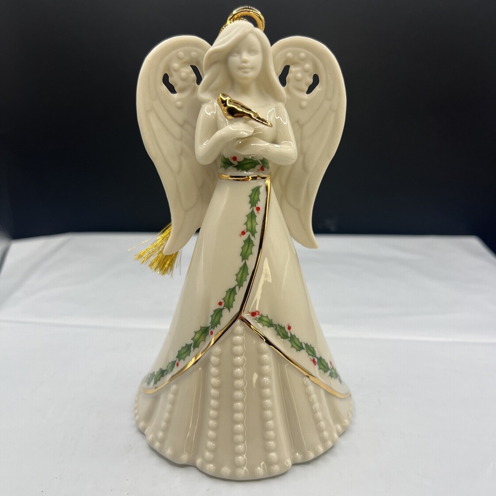 Lenox Holiday Angel Bell Ornament Fine Porcelain Holding Gold Bird Figurine 6